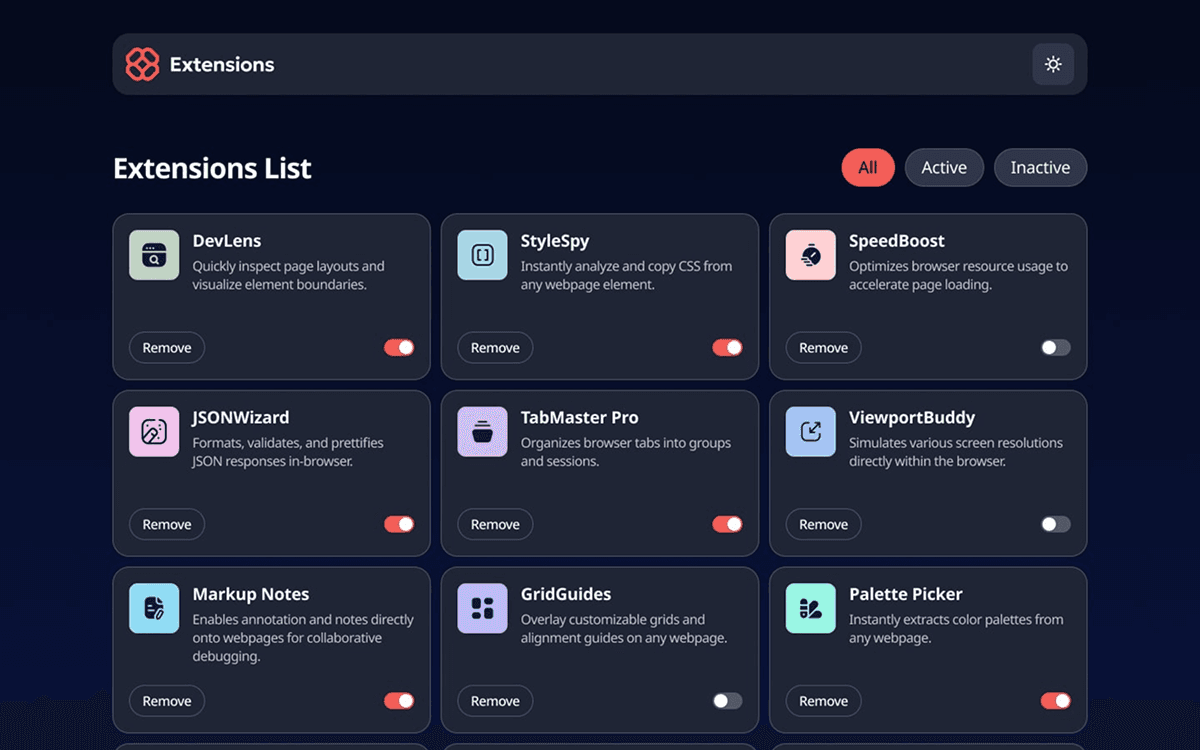 project Browser Extentions Manager ui with React